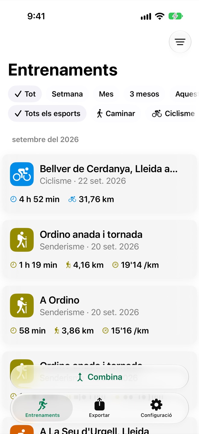 Llista d’entrenaments de SnapGPX amb sortides de ciclisme i de senderisme, la durada i la distància de cadascuna, i el ritme a les de senderisme