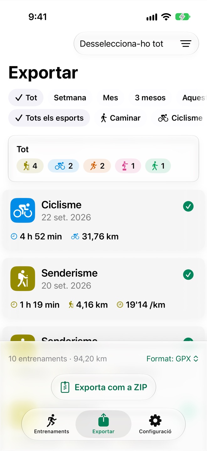 Pestanya Exportar amb 10 entrenaments seleccionats, el selector de format de fitxer i el botó «Exporta com a ZIP»