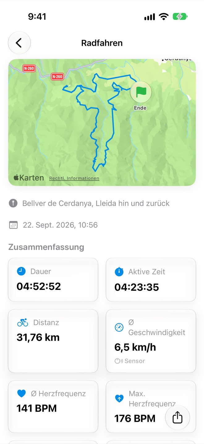 Trainingsdetails mit der Route auf einer Karte, Ort und Startzeit sowie einer Zusammenfassung mit Dauer, aktiver Zeit, Distanz, Durchschnittsgeschwindigkeit und Herzfrequenz
