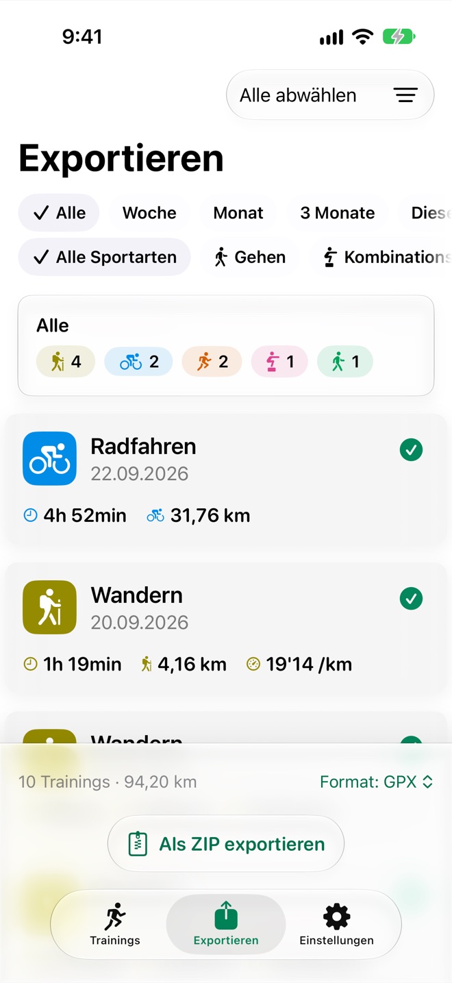 Tab „Exportieren“ mit 10 ausgewählten Trainings, der Formatauswahl und „Als ZIP exportieren“