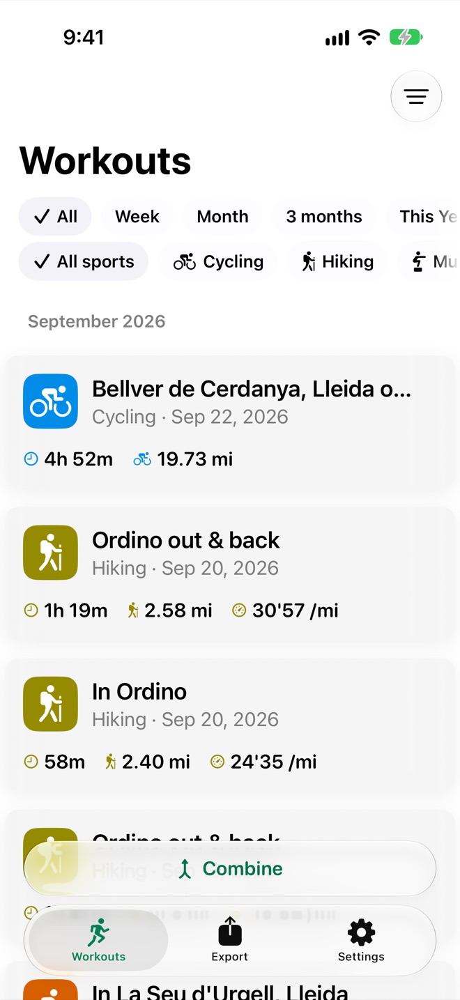SnapGPX workout list showing cycling and hiking workouts with duration and distance, and pace on the hikes