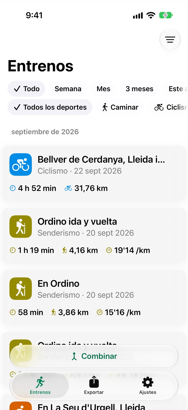 Lista de entrenos de SnapGPX con salidas de ciclismo y de senderismo, su duración y distancia, y el ritmo en las de senderismo