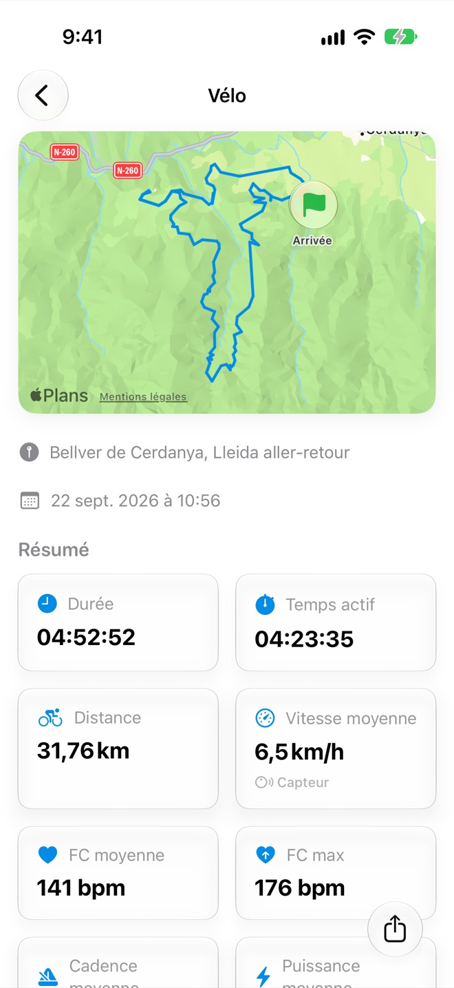 Détail d’un exercice avec l’itinéraire sur une carte, le lieu et l’heure de départ, et un résumé avec la durée, le temps actif, la distance, la vitesse moyenne et la fréquence cardiaque