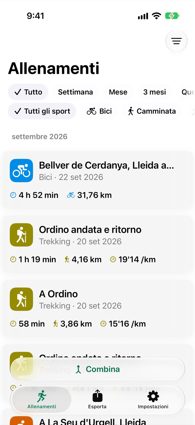 Elenco degli allenamenti di SnapGPX: uscite in bici e trekking, tutti con durata e distanza, e i trekking anche con il ritmo