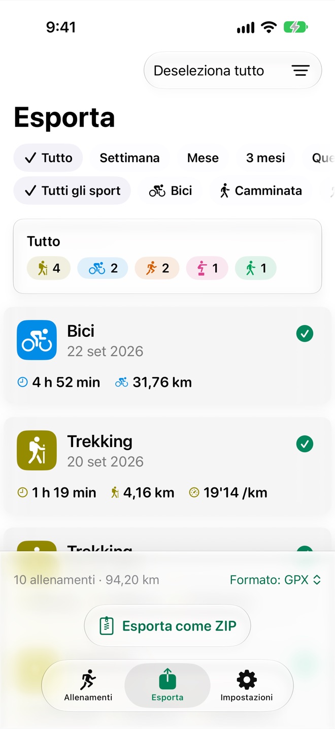 Scheda Esporta con 10 allenamenti selezionati, la scelta del formato del file e il pulsante Esporta come ZIP