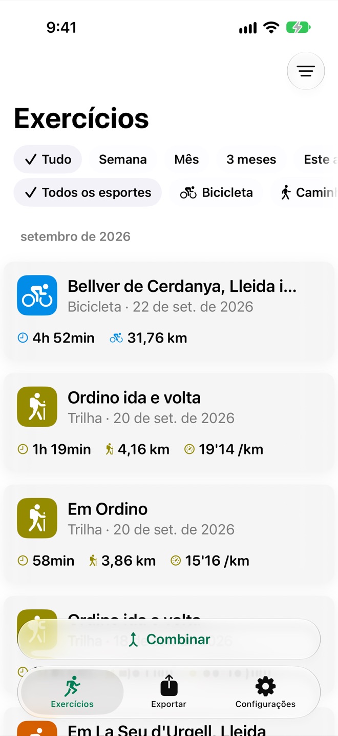 Lista de exercícios do SnapGPX: bicicleta e trilha, cada um com duração e distância, e o ritmo nas trilhas