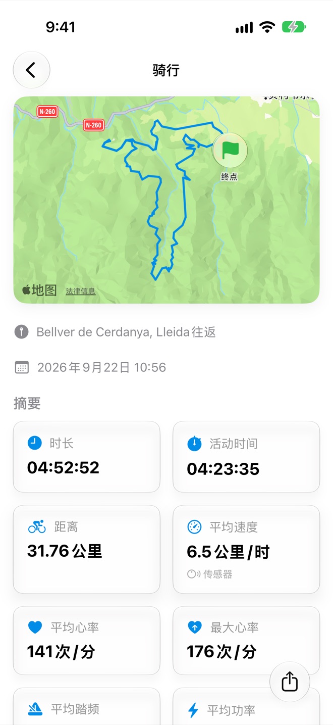 体能训练详情，显示地图上的路线、地点和开始时间，以及包含时长、活动时间、距离、平均速度和心率的摘要